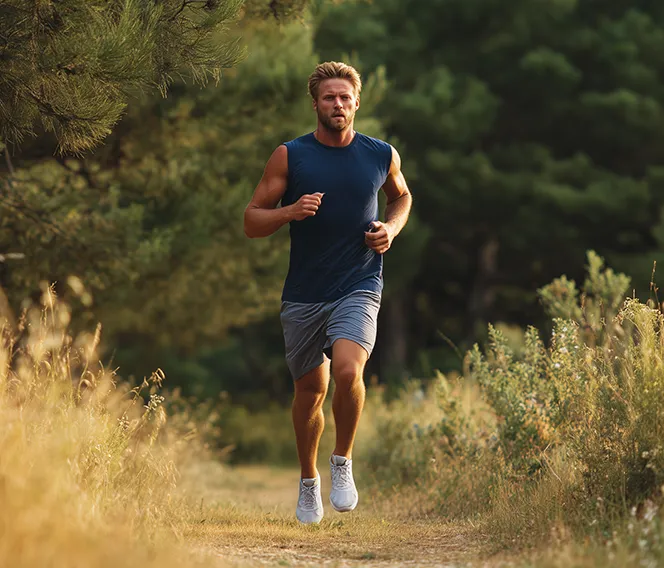 Man running a trail in the woods.