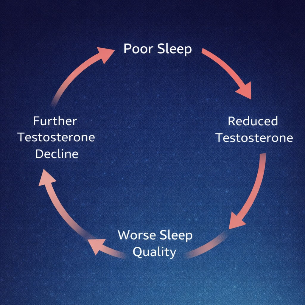 Diagram illustrating the vicious cycle between poor sleep quality and declining testosterone levels in men