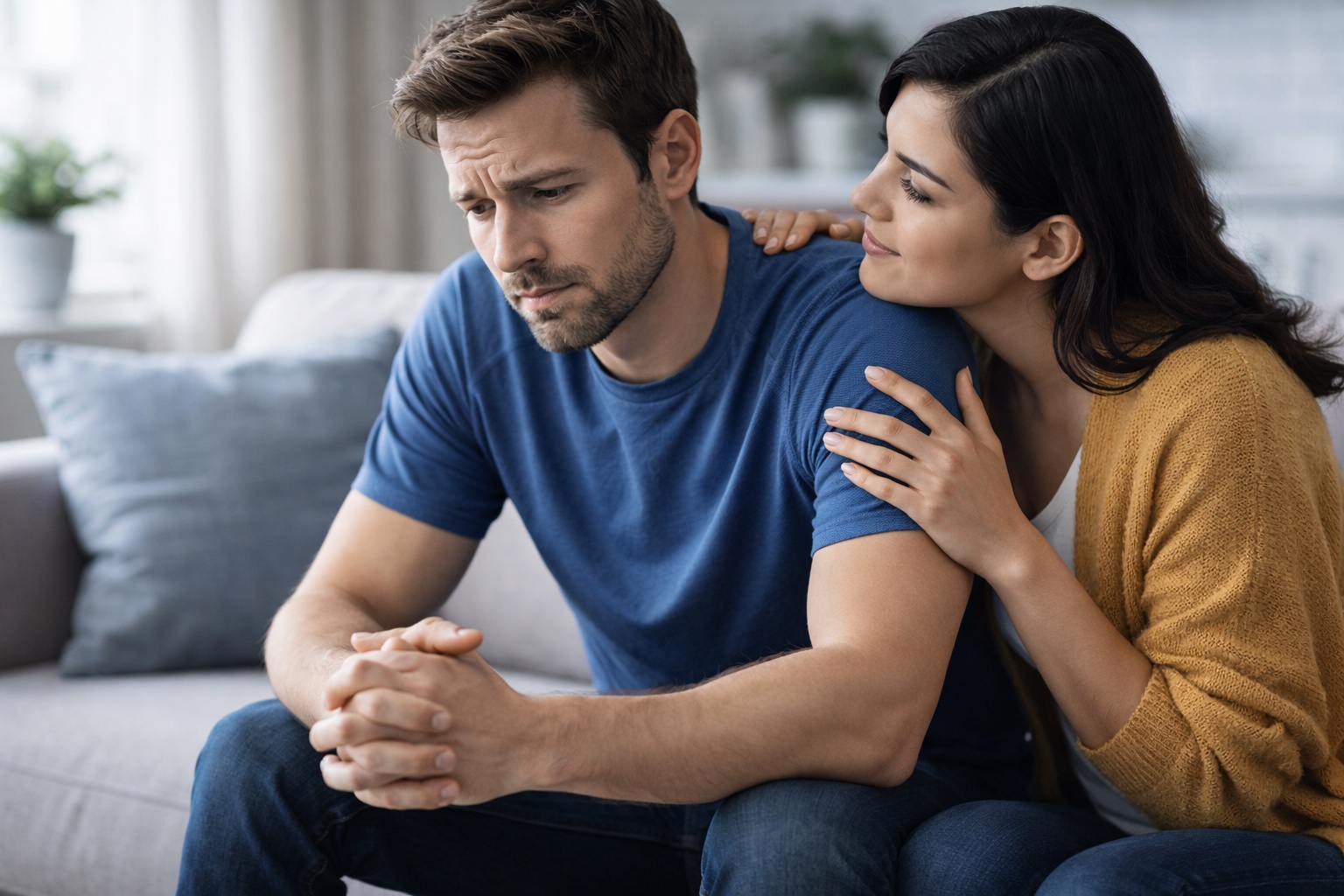 Young man looking concerned about erectile dysfunction while his partner offers comfort and support